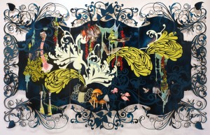 Beauty and the Beasties / 2008 / oil, acrylic, and glitter on cut-edge panel / 79 x 126 inches / triptych (from resablatman.com)