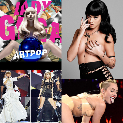 The current pop wasteland. Clockwise from upper left: Lady Gaga, Katy Perry, the reinvented Miley Cyrus at the 2013 MTV VMAs and Taylor Swift, before and after.